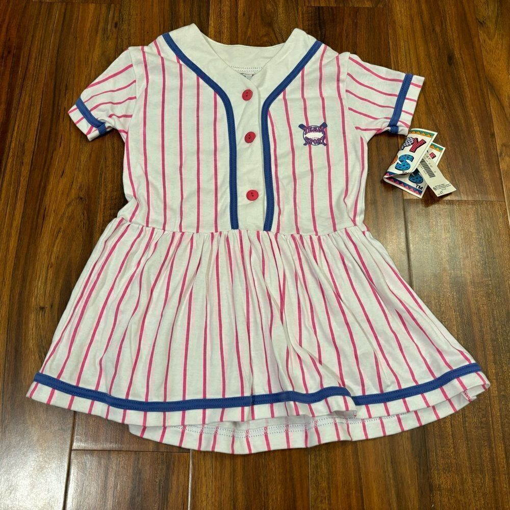 Happy Kids Vintage Team Sports baseball white pink stripe short sleeve dress